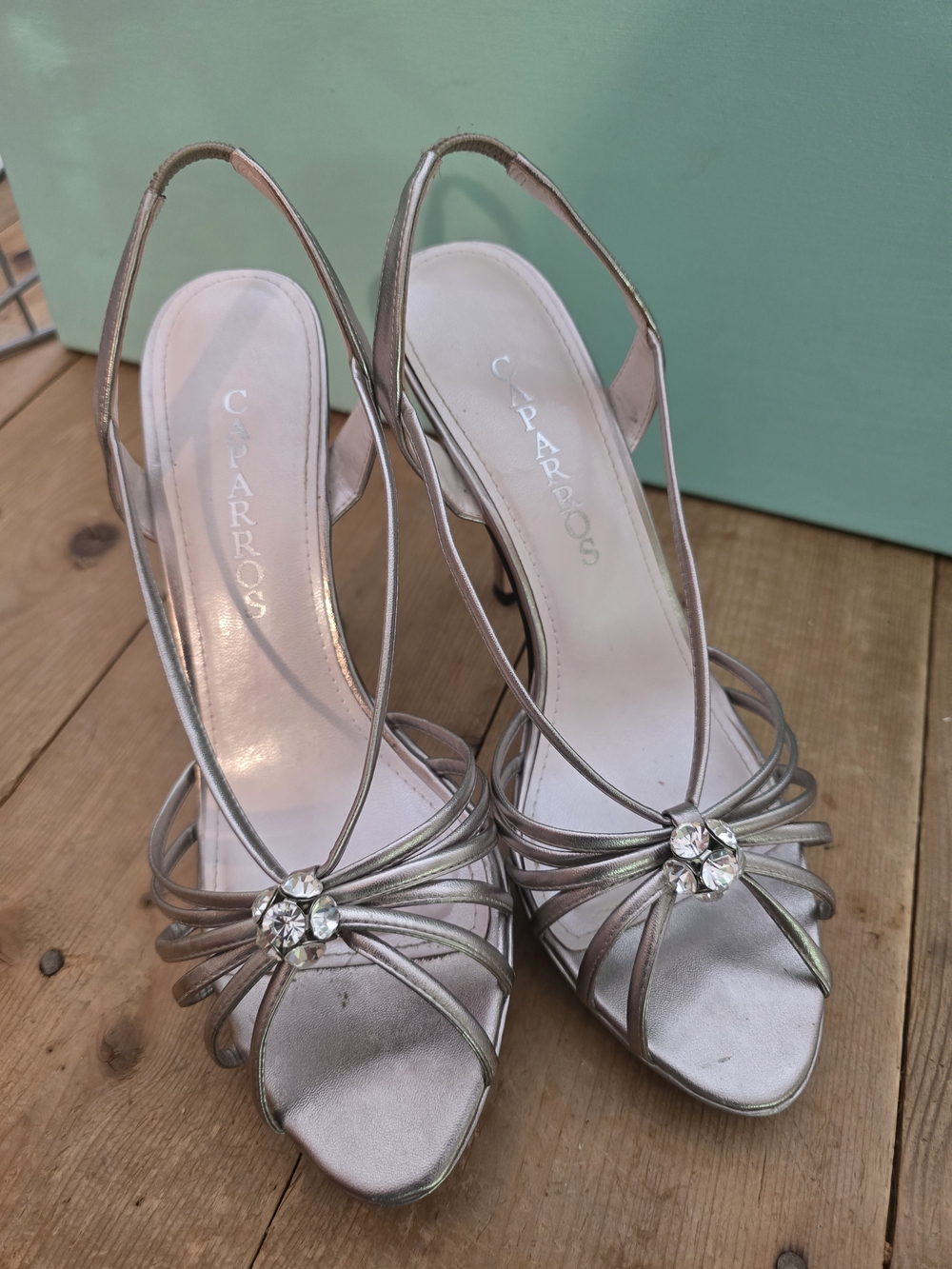 Caparros Silver Slingback Heels with Crystal Floral Style Accent